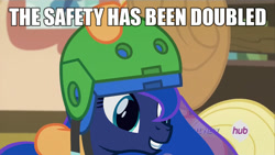 Size: 1000x563 | Tagged: safe, edit, edited screencap, screencap, character:princess luna, episode:somepony to watch over me, g4, my little pony: friendship is magic, grin, helmet, image macro, meme, smiling, the fun has been doubled