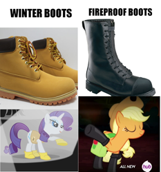 Size: 954x1024 | Tagged: safe, edit, edited screencap, screencap, character:applejack, character:rarity, species:earth pony, species:pony, species:unicorn, episode:somepony to watch over me, episode:winter wrap up, g4, my little pony: friendship is magic, analysis, boot, boots, clothing, comparison, female, fireproof boots, galoshes, irl, mare, text, timberland boots, winter boots