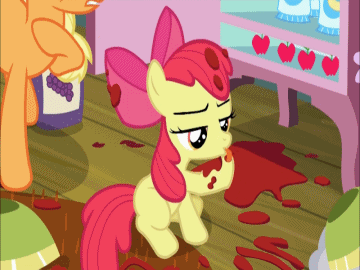 Size: 360x270 | Tagged: safe, edit, edited screencap, screencap, character:apple bloom, character:applejack, species:earth pony, species:pony, episode:somepony to watch over me, g4, my little pony: friendship is magic, animated, apple, behaving like a cat, bow, bowl, cute, female, filly, food, grimcute, hoof on chest, horses doing horse things, licking, mare, perfect loop, refrigerator, sitting, solo focus, spaghetti, tongue out, wrong aspect ratio