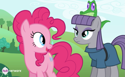 Size: 639x393 | Tagged: safe, edit, screencap, character:gummy, character:maud pie, character:pinkie pie, episode:maud pie, g4, my little pony: friendship is magic, female, hub logo, hub network, siblings, sisters, the hub