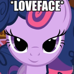Size: 436x436 | Tagged: safe, edit, edited screencap, screencap, character:twilight sparkle, species:pony, bedroom eyes, caption, close-up, face, female, image macro, love face, solo