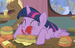 Size: 636x408 | Tagged: safe, edit, edited screencap, screencap, character:twilight sparkle, character:twilight sparkle (alicorn), species:alicorn, species:pony, episode:twilight time, g4, my little pony: friendship is magic, bald eagle, burger, eagle, female, hay burger, mare, soon, that friggen eagle, that pony sure does love burgers, twilight burgkle