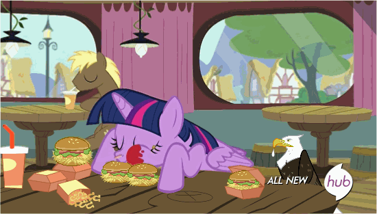 Size: 550x313 | Tagged: safe, edit, edited screencap, screencap, character:twilight sparkle, character:twilight sparkle (alicorn), species:alicorn, species:pony, episode:twilight time, g4, my little pony: friendship is magic, all new, animated, bald eagle, drool, eagle, female, hay burger, mare, text, that friggen eagle, that pony sure does love burgers, twilight burgkle