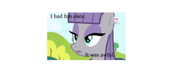 Size: 1594x696 | Tagged: safe, edit, edited screencap, screencap, character:maud pie, episode:maud pie, g4, my little pony: friendship is magic, caption, female, hark a vagrant, hub logo, i had fun once and it was awful, image macro, meme, solo