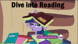 Size: 960x541 | Tagged: safe, edit, edited screencap, screencap, character:twilight sparkle, species:pony, species:unicorn, episode:secret of my excess, g4, my little pony: friendship is magic, book, book hat, caption, derp, floppy ears, golden oaks library, horn, horn impalement, hub logo, open mouth
