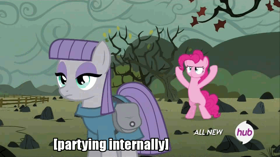 Size: 960x540 | Tagged: safe, edit, edited screencap, screencap, character:maud pie, character:pinkie pie, species:earth pony, species:pony, episode:maud pie, g4, my little pony: friendship is magic, animated, caption, duckface, duo, female, hub logo, image macro, mare, maud being maud, meme, pinkie being pinkie, siblings, sisters, x internally