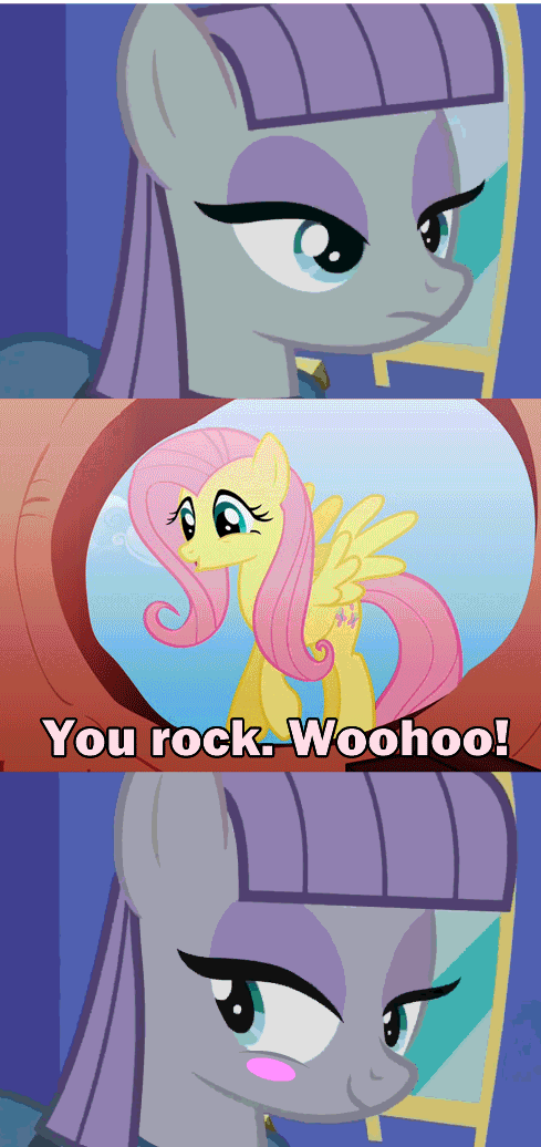 Size: 489x1036 | Tagged: safe, edit, edited screencap, screencap, character:fluttershy, character:maud pie, episode:maud pie, episode:sonic rainboom, g4, my little pony: friendship is magic, animated, blush sticker, blushing, comic, cute, maudabetes, screencap comic, smiling, when she smiles, woohoo