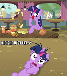Size: 1280x1440 | Tagged: safe, edit, edited screencap, screencap, character:coco crusoe, character:twilight sparkle, character:twilight sparkle (alicorn), species:alicorn, species:pony, episode:lesson zero, episode:twilight time, g4, my little pony: friendship is magic, burger, drama, duckery in the description, female, food, hamburger, mare, op is a duck, that pony sure does love burgers, the duck goes kwark, twilight burgkle