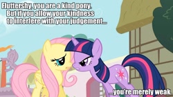 Size: 960x539 | Tagged: safe, edit, edited screencap, screencap, character:fluttershy, character:twilight sparkle, episode:a bird in the hoof, g4, my little pony: friendship is magic, caption, duo, image macro, lecture, meme, nose to nose, nose wrinkle, presea combatir, tales of series, tales of symphonia, tara strong, voice actor joke