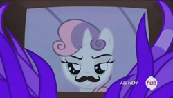 Size: 1016x574 | Tagged: safe, edit, screencap, character:sweetie belle, episode:for whom the sweetie belle toils, female, hub logo, moustache, solo