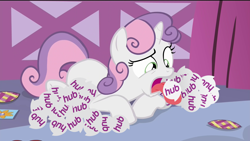 Size: 1920x1080 | Tagged: safe, edit, edited screencap, screencap, character:sweetie belle, episode:for whom the sweetie belle toils, female, hub logo, hubble, solo, the hub, wat