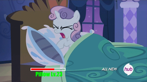 Size: 480x270 | Tagged: safe, edit, screencap, character:sweetie belle, episode:for whom the sweetie belle toils, angry, animated, bed, female, game, hub logo, loop, pillow, pillowbuse, punch, rpg, solo
