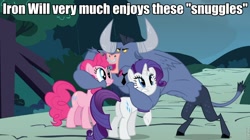 Size: 960x539 | Tagged: safe, edit, edited screencap, screencap, character:iron will, character:pinkie pie, character:rarity, species:earth pony, species:minotaur, species:pony, species:unicorn, episode:putting your hoof down, g4, my little pony: friendship is magic, caption, dialogue, female, image macro, imma snuggle you, male, mare, meme, microphone, necktie, nose piercing, nose ring, piercing, trio