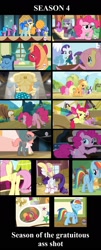 Size: 853x2103 | Tagged: safe, edit, edited screencap, screencap, character:apple bloom, character:applejack, character:berry punch, character:berryshine, character:big mcintosh, character:fluttershy, character:goldie delicious, character:maud pie, character:pinkie pie, character:prim hemline, character:rainbow dash, character:rarity, character:sapphire shores, character:spike, character:toe-tapper, character:twilight sparkle, species:earth pony, species:pegasus, species:pony, species:unicorn, episode:bats!, episode:castle mane-ia, episode:filli vanilli, episode:flight to the finish, episode:for whom the sweetie belle toils, episode:maud pie, episode:pinkie apple pie, episode:simple ways, g4, my little pony: friendship is magic, season 4, all new, applejewel, collage, cropped, female, male, mane seven, mane six, mare, plot, stallion, text