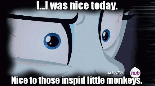 Size: 500x280 | Tagged: safe, edit, edited screencap, screencap, character:rarity, episode:for whom the sweetie belle toils, animated, bad future, bloodshot eyes, breakdown, caption, carousel boutique, dark, dishevelled, eye twitch, female, hub logo, hubble, image macro, insanity, meme, nightmare, rarisnap, ren and stimpy, solo, spider, spider web, the hub