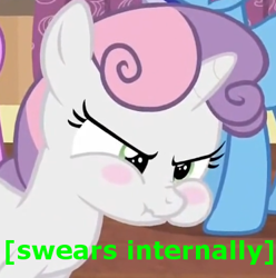 Size: 372x375 | Tagged: safe, edit, edited screencap, screencap, character:sweetie belle, species:pony, species:unicorn, episode:for whom the sweetie belle toils, blush sticker, blushing, caption, descriptive noise, female, filly, image macro, meme, scrunchy face, x internally