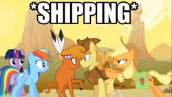 Size: 960x540 | Tagged: safe, edit, edited screencap, screencap, character:applejack, character:braeburn, character:little strongheart, character:rainbow dash, character:twilight sparkle, ship:braeheart, episode:over a barrel, g4, my little pony: friendship is magic, female, image macro, male, meme, now kiss, pushing, shipper on deck, shipping, straight