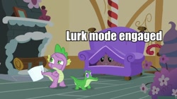 Size: 960x539 | Tagged: safe, edit, edited screencap, screencap, character:gummy, character:pinkie pie, character:spike, episode:just for sidekicks, g4, my little pony: friendship is magic, chair, hiding, image macro, lurking, meme