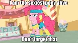Size: 960x539 | Tagged: safe, edit, edited screencap, screencap, character:pinkie pie, episode:a friend in deed, g4, my little pony: friendship is magic, female, image macro, leg warmers, meme, sexiest pony alive, solo, workout outfit