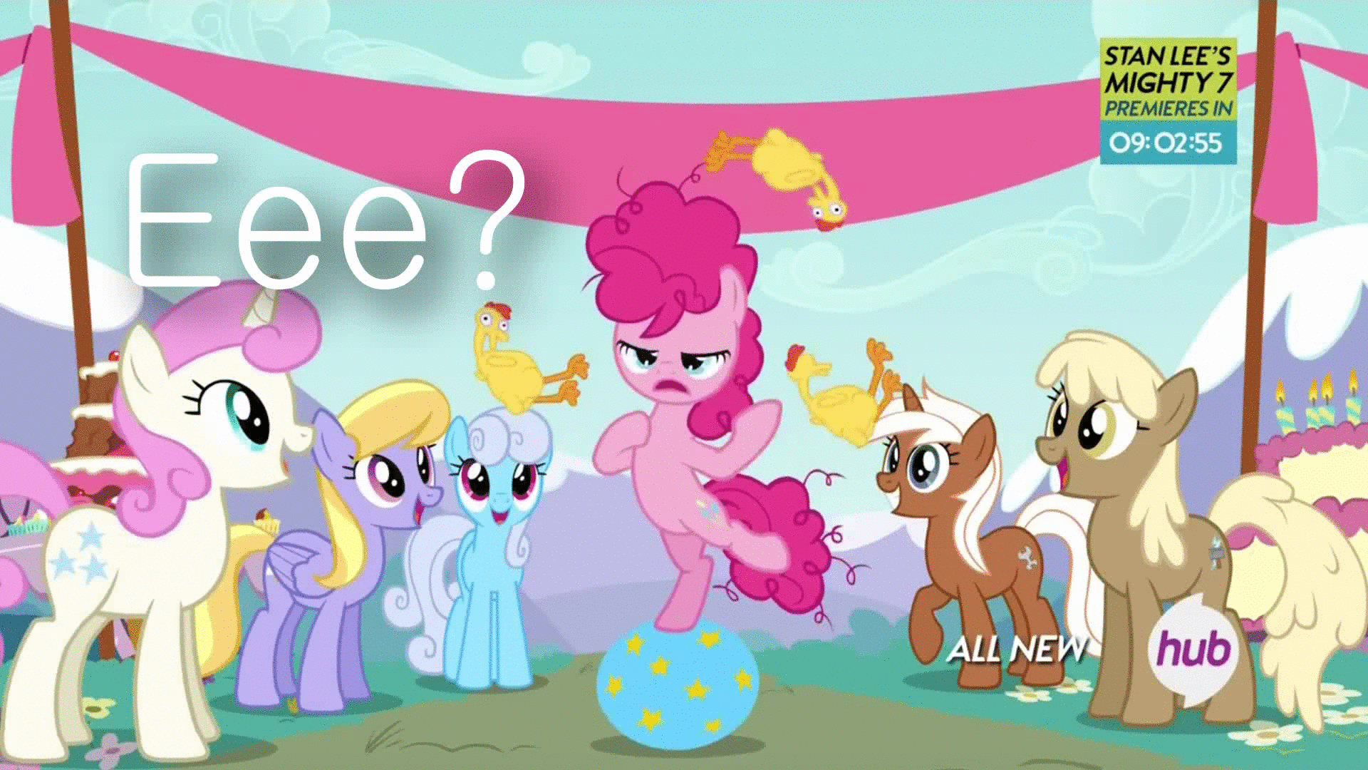 Size: 1920x1080 | Tagged: safe, edit, edited screencap, screencap, character:cloud kicker, character:linky, character:mjölna, character:pinkie pie, character:shoeshine, character:silver spanner, character:twinkleshine, episode:pinkie pride, g4, my little pony: friendship is magic, animated, background pony, background pony audience, ball, dialogue, image macro, meme, rubber chicken