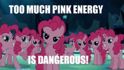 Size: 584x329 | Tagged: safe, edit, edited screencap, screencap, character:pinkie pie, species:earth pony, species:pony, episode:too many pinkie pies, g4, my little pony: friendship is magic, caption, clone, female, image macro, linkara, mare, meme, meme origin, multeity, pinkie clone, power rangers, reference, that cute clone, too much pink energy is dangerous