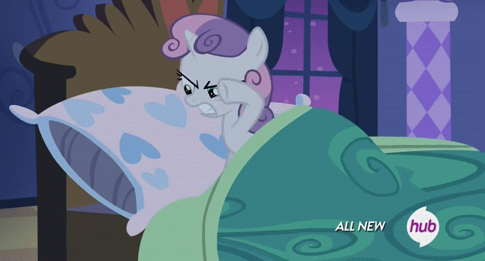 Size: 703x378 | Tagged: safe, edit, edited screencap, screencap, character:sweetie belle, episode:for whom the sweetie belle toils, anger issues, angry, animated, female, hub logo, loop, pillowbuse, solo, squeak, squeaky belle