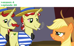 Size: 612x380 | Tagged: safe, edit, edited screencap, screencap, character:applejack, character:flam, character:flim, episode:leap of faith, g4, my little pony: friendship is magic, 1000 hours in ms paint, 420, greentext, marijuana, ms paint, text