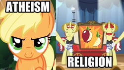 Size: 1280x720 | Tagged: safe, edit, edited screencap, screencap, character:applejack, character:flam, character:flim, episode:leap of faith, g4, my little pony: friendship is magic, atheism, background pony strikes again, drama, drama bait, euphoric, image macro, meme, op is a duck, op is trying to start shit, op started shit, religion
