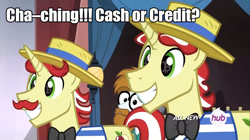Size: 1280x717 | Tagged: safe, edit, edited screencap, screencap, character:flam, character:flim, character:silver shill, episode:leap of faith, g4, my little pony: friendship is magic, caption, cute, flamabetes, flim flam brothers, flimabetes, grin, happy, wingding eyes