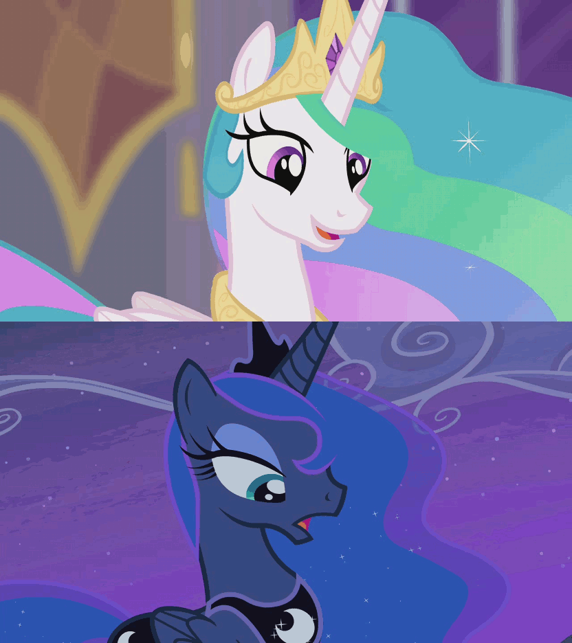 Size: 832x936 | Tagged: safe, edit, screencap, character:princess celestia, character:princess luna, episode:for whom the sweetie belle toils, episode:princess twilight sparkle, g4, my little pony: friendship is magic, animated, castle, comparison, confession, happiness, night, talking
