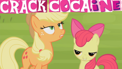 Size: 1920x1080 | Tagged: safe, edit, edited screencap, screencap, character:apple bloom, character:applejack, species:earth pony, species:pony, episode:leap of faith, g4, my little pony: friendship is magic, caption, drugs, expand dong, exploitable meme, female, filly, mare, meme