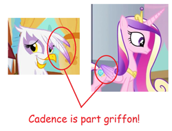 Size: 817x623 | Tagged: safe, edit, edited screencap, screencap, character:gilda, character:queen chrysalis, species:alicorn, species:griffon, species:pony, episode:a canterlot wedding, episode:griffon the brush-off, g4, my little pony: friendship is magic, fake cadance, logic
