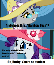 Size: 640x766 | Tagged: safe, edit, edited screencap, screencap, character:rarity, character:silver frames, episode:sweet and elite, g4, my little pony: friendship is magic, caption, image macro, implied rainbow dash, text edit