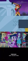 Size: 576x1250 | Tagged: safe, edit, screencap, character:applejack, character:pinkie pie, character:rainbow dash, character:rarity, character:spike, character:sunset shimmer, character:twilight sparkle, my little pony:equestria girls, bad end, hammer, hammer time, mirror, nicolas cage, quantum leap, sam beckett, sledgehammer