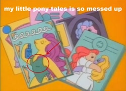 Size: 762x552 | Tagged: safe, edit, edited screencap, screencap, character:bon bon (g1), episode:the masquerade, g1, my little pony tales, bikini, breasts, chestbreasts, clothing, female, nurse outfit, perfume, swimsuit, you know for kids