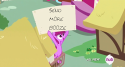 Size: 716x385 | Tagged: safe, edit, edited screencap, screencap, character:berry punch, character:berryshine, episode:testing testing 1-2-3, g4, my little pony: friendship is magic, alcoholic, all new, berry's sign, female, hub logo, sign, solo, text