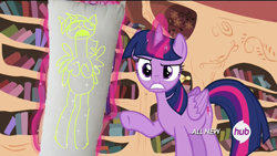 Size: 1920x1080 | Tagged: safe, edit, edited screencap, screencap, character:twilight sparkle, character:twilight sparkle (alicorn), species:alicorn, episode:testing testing 1-2-3, g4, my little pony: friendship is magic, all new, body pillow, exploitable meme, female, hub logo, i am not that tall, meme, rainbow dash's centerfold, solo, text