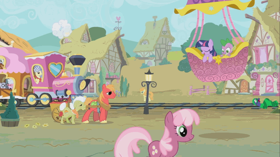 Size: 960x540 | Tagged: safe, edit, edited screencap, screencap, character:apple bloom, character:berry punch, character:berryshine, character:big mcintosh, character:carrot top, character:cheerilee, character:chelsea porcelain, character:daisy, character:derpy hooves, character:dizzy twister, character:geri, character:golden harvest, character:granny smith, character:mane-iac, character:minuette, character:mr. waddle, character:orange swirl, character:piña colada, character:scootaloo, character:sea swirl, character:serena, character:spike, character:spring melody, character:sprinkle medley, character:sunshower raindrops, character:sweetie belle, character:twilight sparkle, character:twinkleshine, character:white lightning, species:dragon, species:earth pony, species:pegasus, species:pony, species:unicorn, animated, background pony, building, cart, crafty crate, cutie mark crusaders, female, filly, friendship express, gif, hot air balloon, intro, male, opening, opening theme, peril, ponyville, raised hoof, stallion, this will end in tears and/or death, tied to tracks, train, train station, train tracks, twinkling balloon