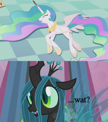 Size: 1280x1440 | Tagged: safe, edit, screencap, character:princess celestia, character:queen chrysalis, species:changeling, episode:a canterlot wedding, g4, my little pony: friendship is magic, changeling queen, defeat, female, reaction image, surprised, text, wat, worfed