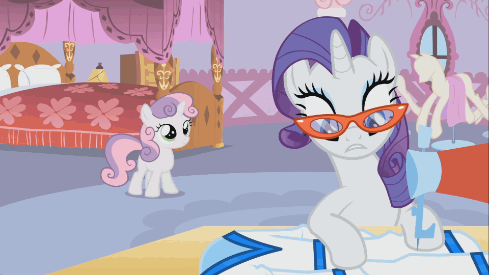 Size: 960x540 | Tagged: safe, edit, edited screencap, screencap, character:rarity, character:sweetie belle, episode:for whom the sweetie belle toils, aaaaaaaaaa, animated, jaw drop, ouch, sweat, sweatdrop, wat