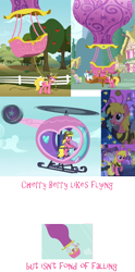 Size: 939x1900 | Tagged: safe, edit, edited screencap, screencap, character:cherry berry, character:cotton cloudy, character:dinky hooves, species:earth pony, species:pony, episode:leap of faith, episode:luna eclipsed, episode:spike at your service, episode:the mysterious mare do well, g4, my little pony: friendship is magic, aviator hat, clothing, female, hat, helicopter, hot air balloon, mare, observation, pedalcopter, pink text, raincloud, text, twinkling balloon