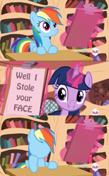 Size: 767x1240 | Tagged: safe, edit, edited screencap, screencap, character:rainbow dash, character:twilight sparkle, character:twilight sparkle (alicorn), species:alicorn, species:pony, episode:testing testing 1-2-3, g4, my little pony: friendship is magic, asdfmovie, clipboard, female, mare, no face