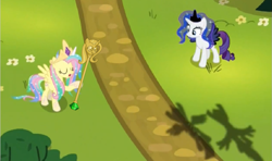 Size: 851x505 | Tagged: safe, edit, edited screencap, screencap, character:fluttershy, character:rarity, species:pegasus, species:pony, species:unicorn, episode:testing testing 1-2-3, g4, my little pony: friendship is magic, celestia costume, celestia's crown, clothing, costume, crown, duo, eyes closed, fake horn, fake wings, female, jewelry, lunarity, mare, peytral, regalia, shadow, shylestia, twilight scepter