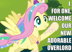 Size: 900x650 | Tagged: safe, edit, edited screencap, screencap, character:fluttershy, species:pegasus, species:pony, episode:testing testing 1-2-3, g4, my little pony: friendship is magic, caption, celestia costume, celestia's crown, costume, cropped, crown, cute, fake horn, female, flying, image macro, jewelry, mare, peytral, regalia, ribbon, shyabetes, shylestia, smiling, solo, the simpsons