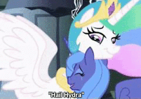 Size: 450x317 | Tagged: safe, edit, edited screencap, screencap, character:princess celestia, character:princess luna, episode:friendship is magic, g4, my little pony: friendship is magic, animated, captain america, castle of the royal pony sisters, hail hydra, marvel, meme, s1 luna, spoiler, whisper, winter soldier