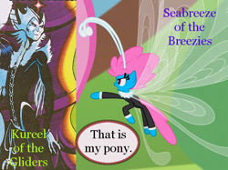 Size: 750x560 | Tagged: safe, edit, screencap, character:fluttershy, character:seabreeze, species:breezies, species:elf, episode:it ain't easy being breezies, g4, my little pony: friendship is magic, angry, comic, comparison, couch, elfquest, gesture, glider, hiding, kureel, meme, reversed, sending, text, that's my pony, that's my x