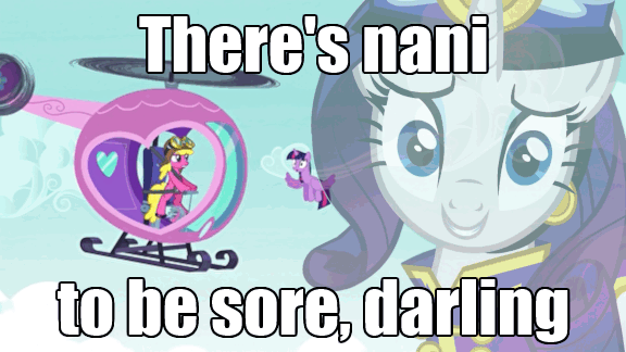 Size: 576x324 | Tagged: safe, edit, edited screencap, screencap, character:cherry berry, character:rarity, character:twilight sparkle, character:twilight sparkle (alicorn), species:alicorn, species:pony, episode:testing testing 1-2-3, g4, my little pony: friendship is magic, ancient wonderbolts uniform, animated, female, helicopter, image macro, kill la kill, mare, meme, nani sore, nonon jakuzure, parody, pedalcopter, reference, sgt. rarity, there is no need to be upset