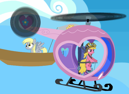 Size: 550x400 | Tagged: safe, edit, screencap, character:cherry berry, character:derpy hooves, species:pegasus, species:pony, episode:testing testing 1-2-3, g4, my little pony: friendship is magic, airship, animated, aviator hat, boat, clothing, female, flag, flying, hat, helicopter, mare, motorboat, muffin, pedalcopter, pun, wat