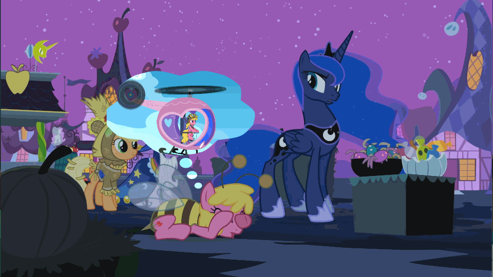Size: 960x540 | Tagged: safe, edit, edited screencap, screencap, character:applejack, character:cherry berry, character:princess luna, character:twilight sparkle, episode:luna eclipsed, episode:testing testing 1-2-3, g4, my little pony: friendship is magic, animated, aviator hat, bee costume, clothing, dream walker luna, hat, helicopter, nightmare night, pedalcopter, spider, talking