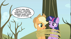 Size: 1280x715 | Tagged: safe, edit, edited screencap, screencap, character:applejack, character:twilight sparkle, episode:secret of my excess, g4, my little pony: friendship is magic, bondage, rope, tied up, unsexy bondage, wonder mare